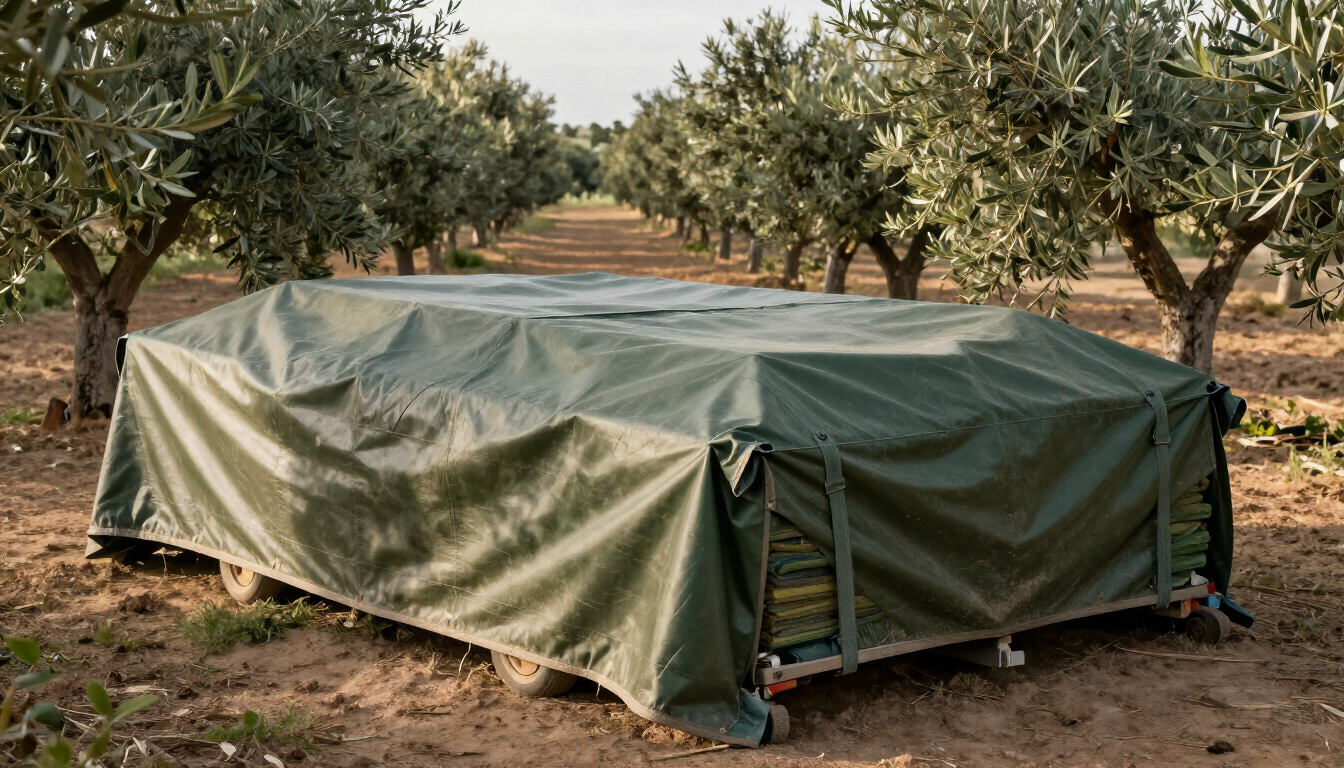 Estructura cubierta con una lona verde en un huerto, rodeada de árboles y terreno de tierra.
