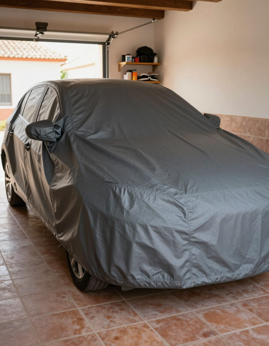Coche cubierto con una funda protectora gris en un garaje