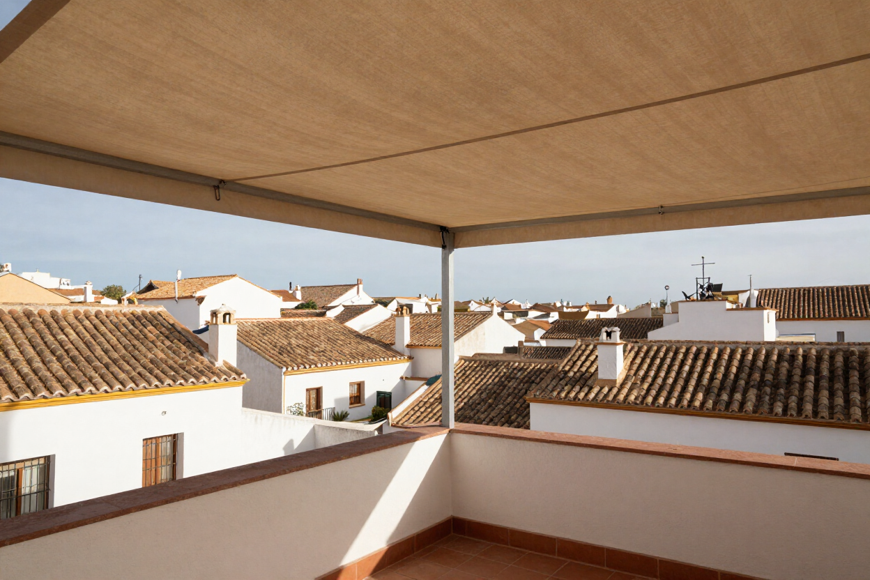 Vista desde la terraza sobre casas blancas con tejados de terracota bajo un toldo beige
