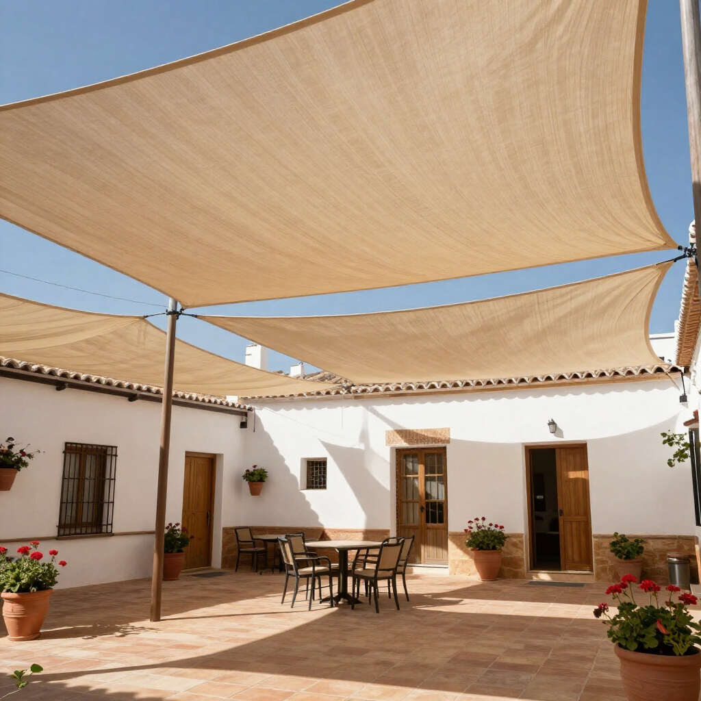 Patio soleado con toldos beige, paredes de estuco blanco, mesas de madera y flores en macetas