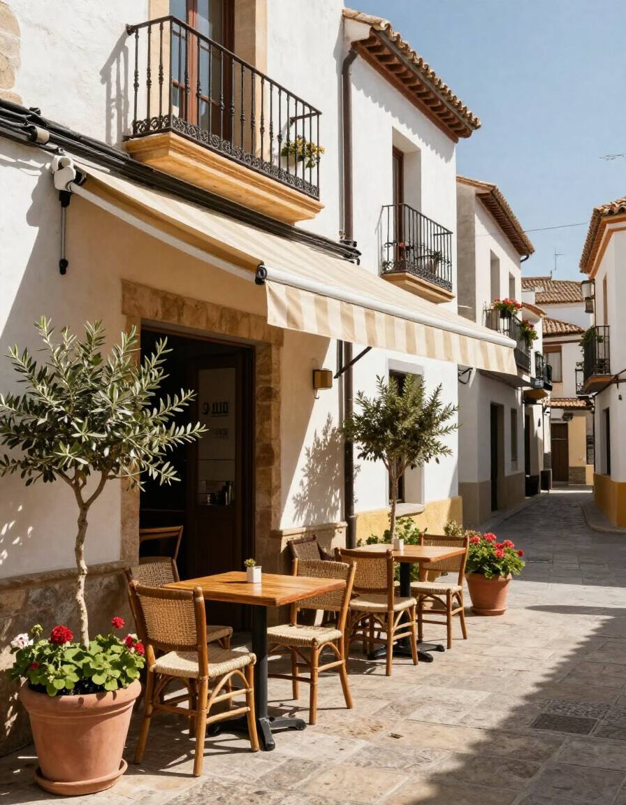 Terraza de café bañada por el sol, con mesas de madera, flores en macetas y toldos a lo largo de una estrecha calle empedrada