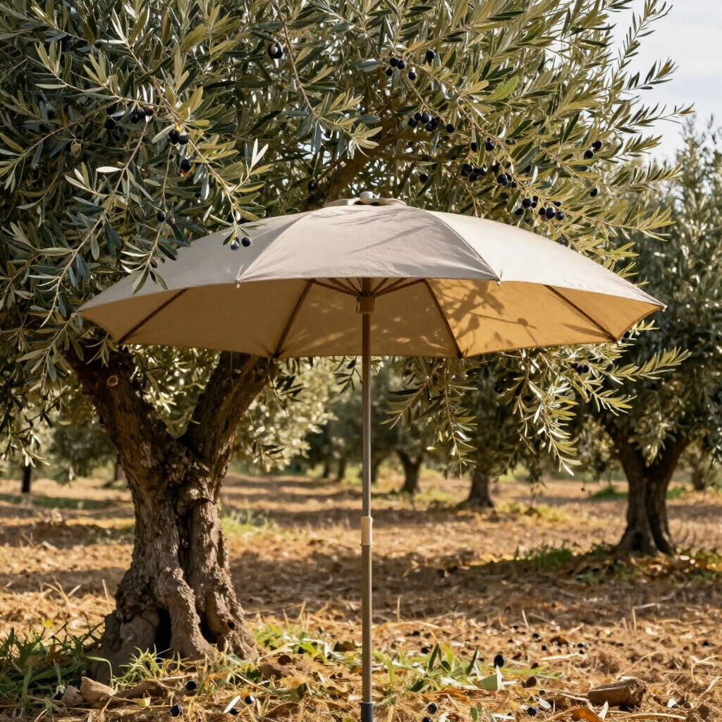 Sombrilla de jardín beige en un olivar soleado, con árboles y suelo seco