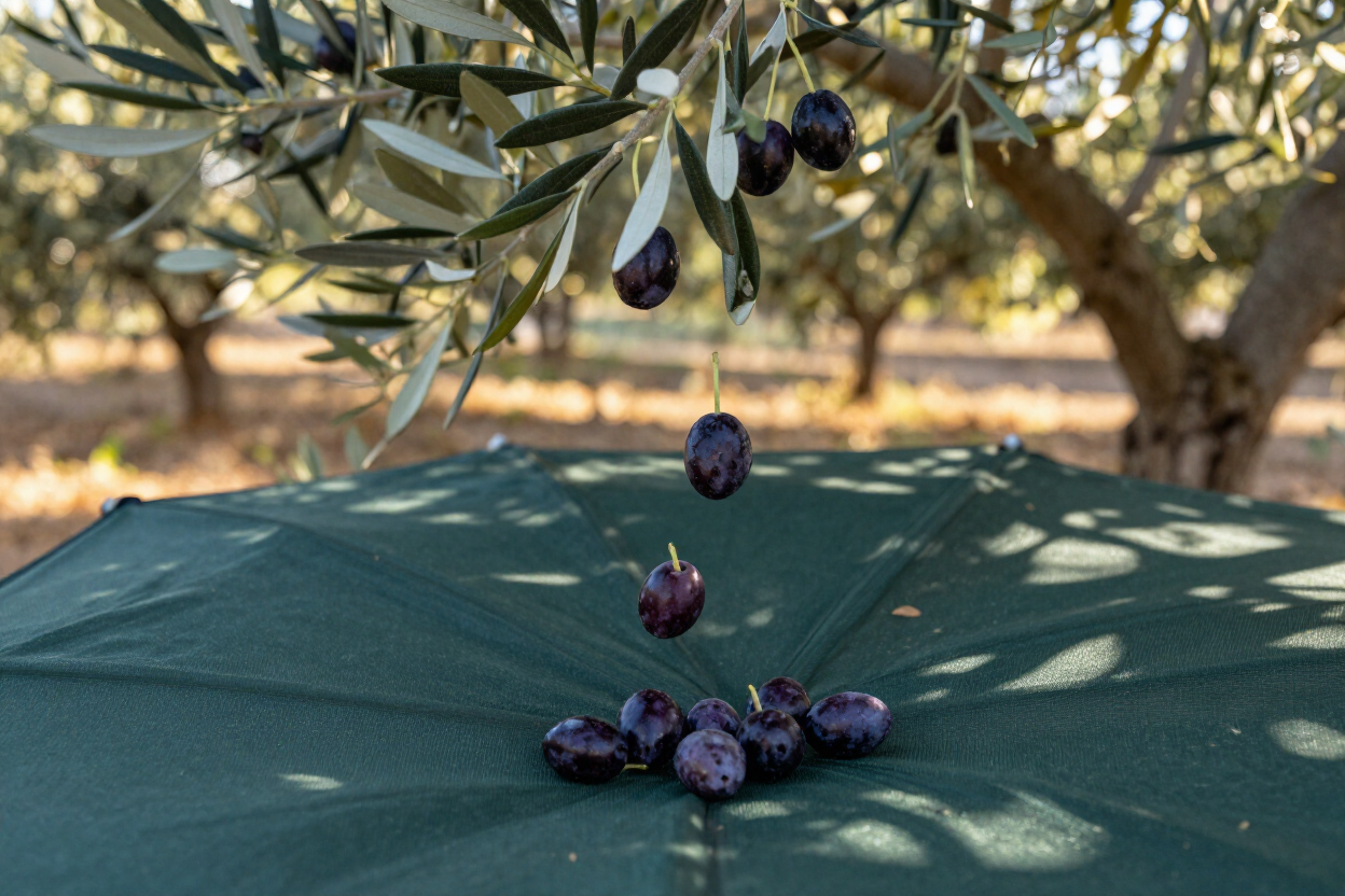 Aceitunas cayendo de las ramas de un árbol sobre una mesa al aire libre cubierta con un mantel verde