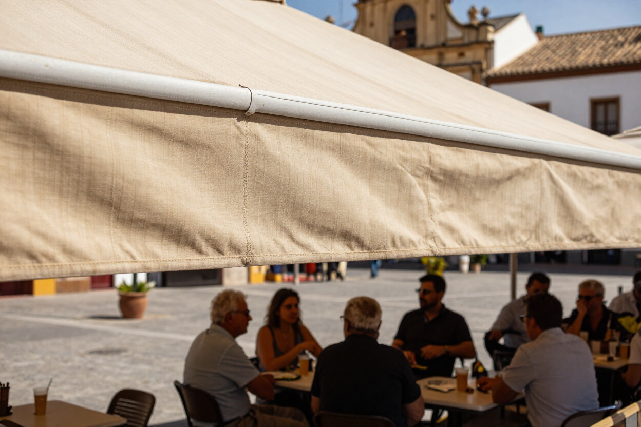 Personas sentadas en una cafetería al aire libre bajo un toldo beige en una plaza soleada