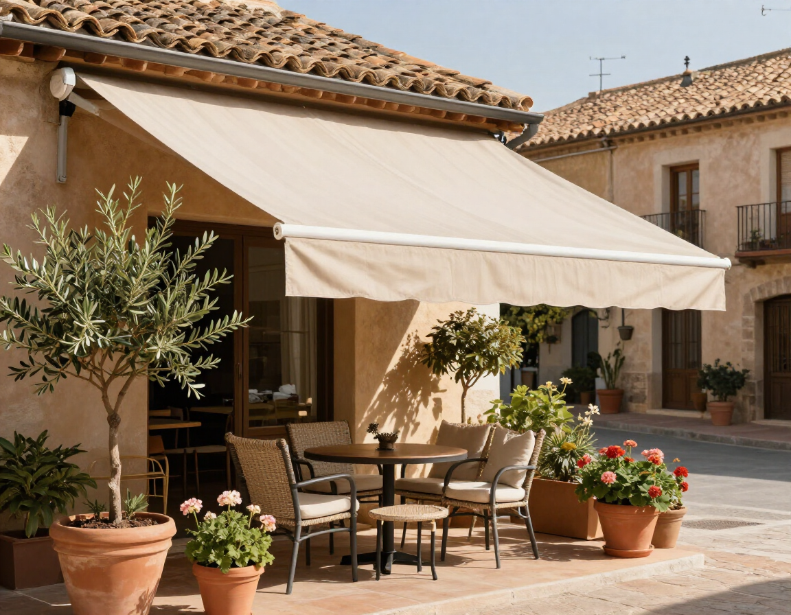 Patio soleado con un toldo beige, una mesa y sillas de exterior y plantas en macetas junto a una casa rústica.