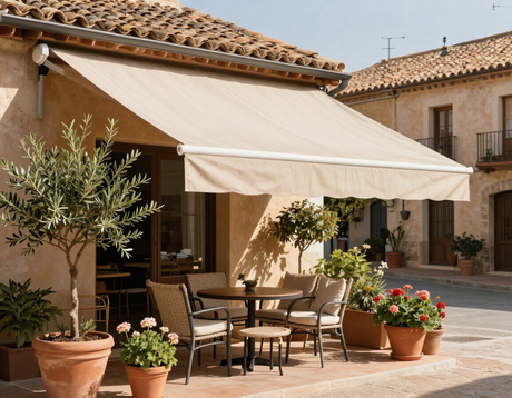 Terraza exterior de cafetería con mesas y sillas de madera bajo toldos beige, junto a edificios blancos