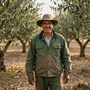 Un agricultor sonriente, vestido con ropa de trabajo verde, está entre olivos en un huerto