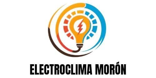 Logotipo para Electroclima Morón: una bombilla con un rayo en su interior, rodeado de un anillo y texto.