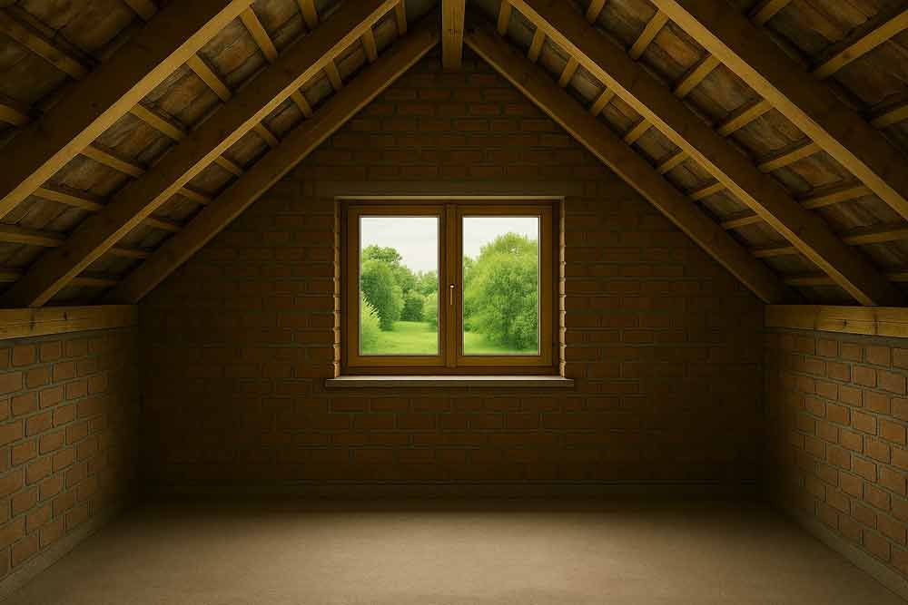 Ein leerer Dachboden mit einem Fenster und einem Holzdach.