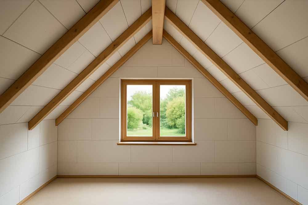 Ein leerer Dachboden mit einem Fenster und Holzbalken.
