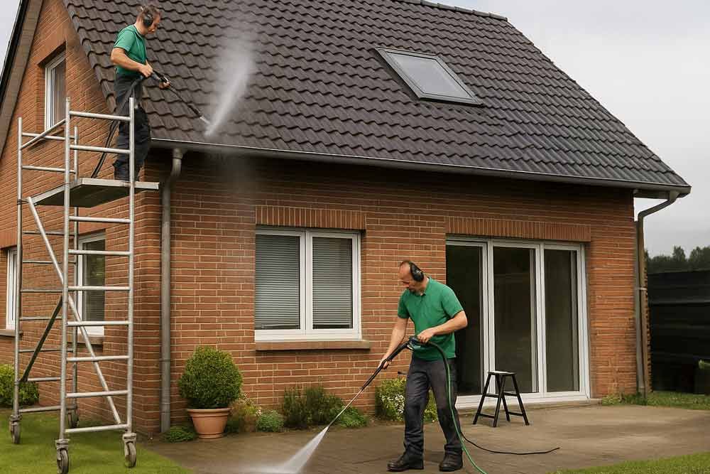 Zwei Männer reinigen das Dach eines Backsteinhauses mit einem Hochdruckreiniger.
