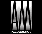 Logotipo &ldquo;AM Peluqueros&rdquo; en plata sobre fondo negro.