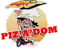 Un chef tenant une pizza et conduisant un scooter, logo de Pizza'Dom.