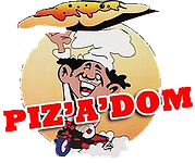 Un chef tenant une pizza et conduisant un scooter, logo de Pizza'Dom.