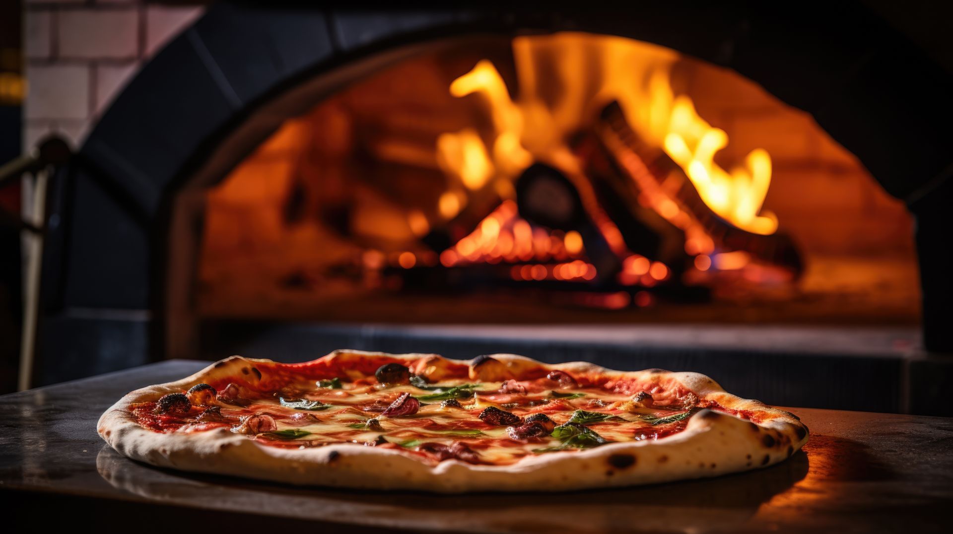 Pizza devant un four à bois avec des flammes.
