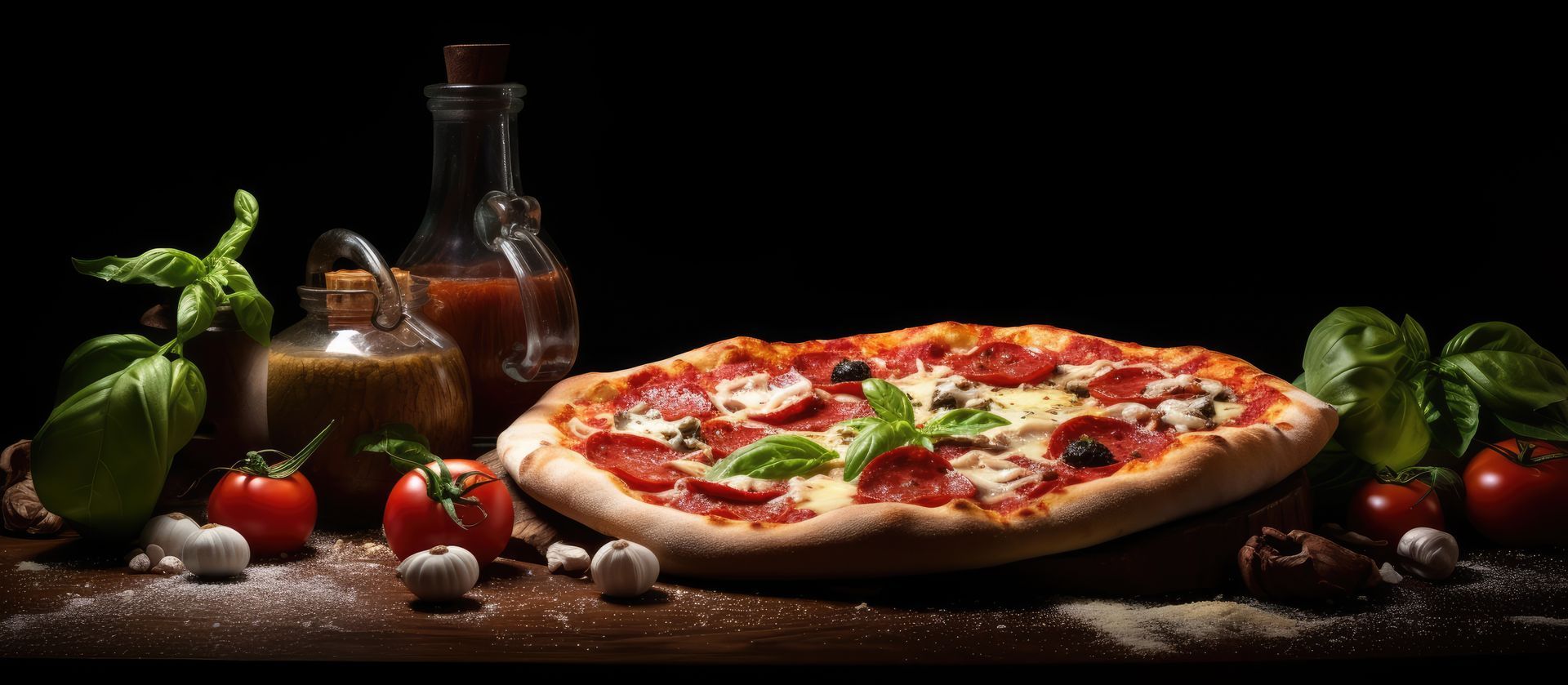 Pizza au pepperoni, basilic et tomates sur une table en bois, avec des bouteilles d'huile sur fond noir.