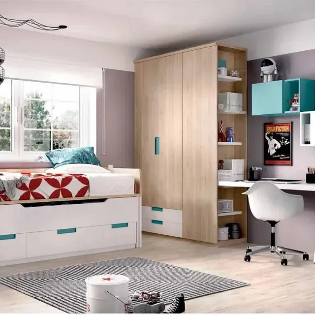 Un dormitorio con una cama, un escritorio y un armario.