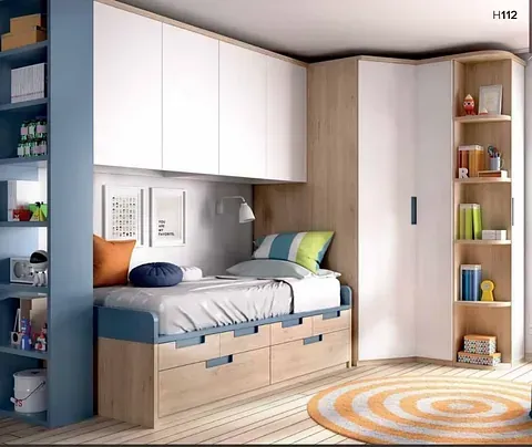 Un dormitorio con una cama, estanterías y una alfombra.