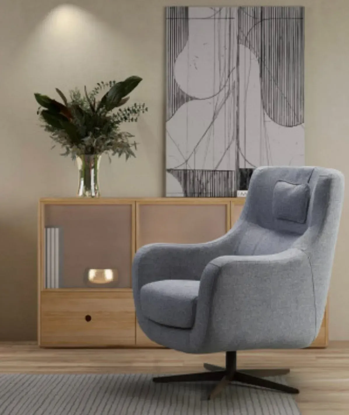 Una sala de estar con una silla y un jarrón de flores.