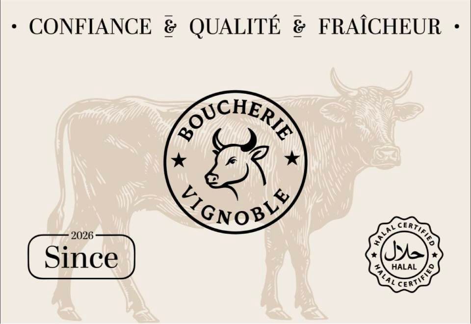 French butcher shop logo with cow illustration and text “Confiance, Qualité, Fraîcheur” and “Since”