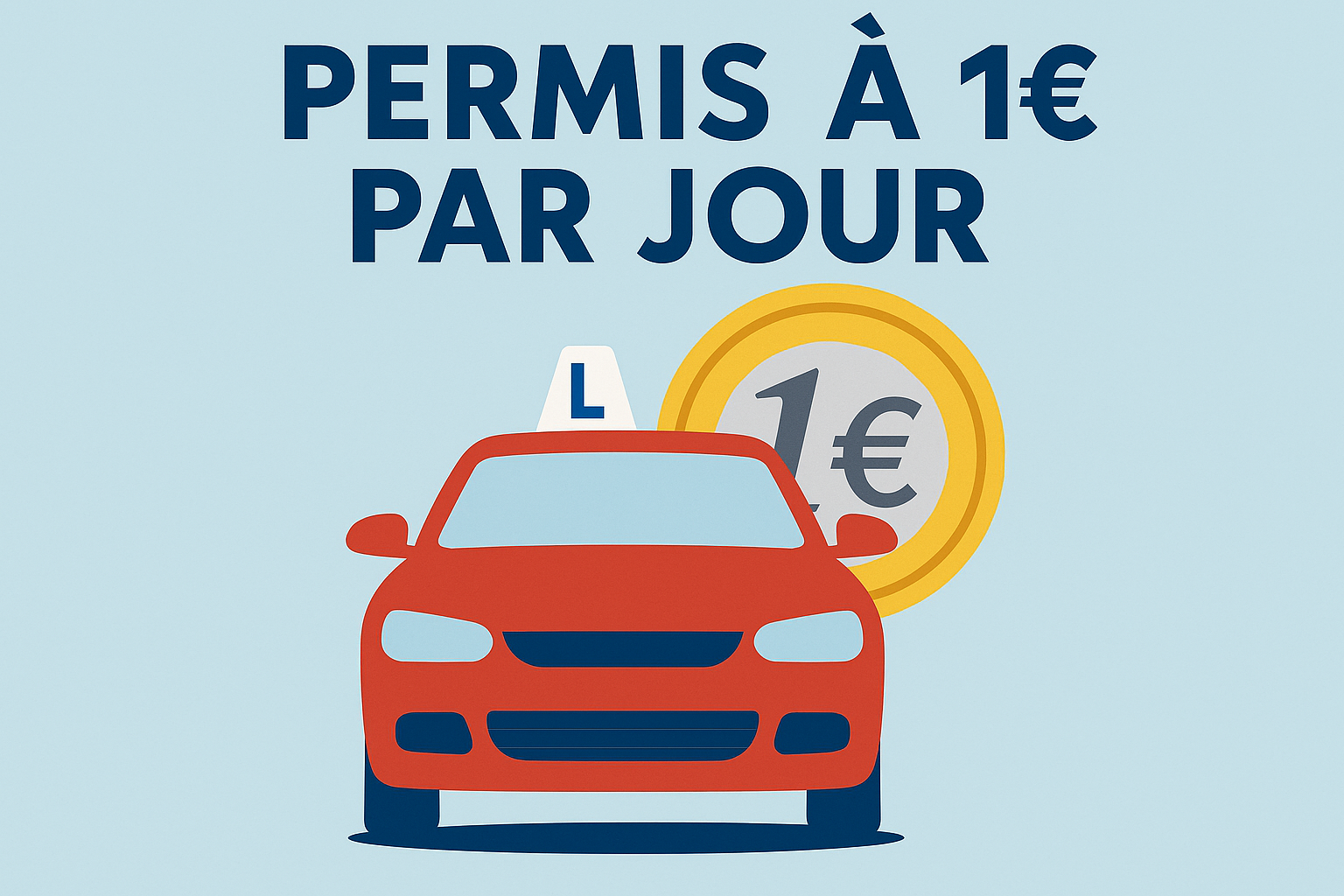Voiture rouge, pièce de 1 € et texte Permis à 1 € par jour.