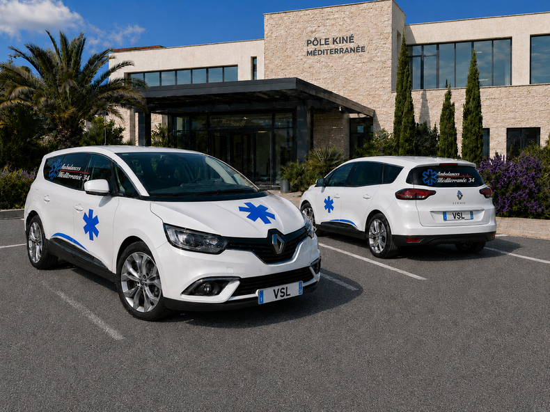 Deux véhicules blancs d'intervention médicale stationnés devant un bâtiment hospitalier par une journée ensoleillée