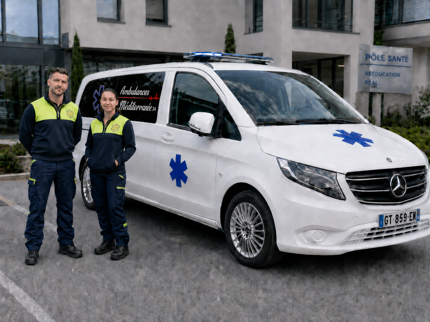 Deux ambulanciers se tiennent à côté d'une ambulance devant un bâtiment
