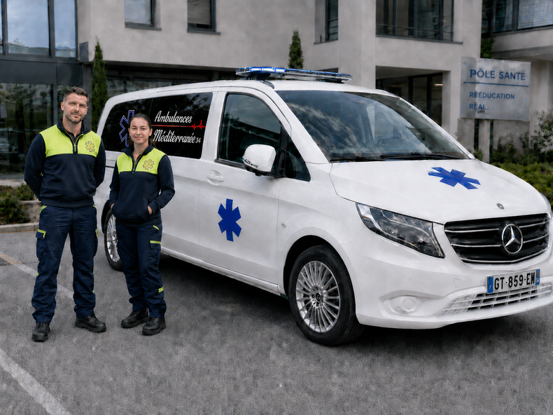 Deux ambulanciers se tiennent à côté d'une ambulance blanche devant un bâtiment
