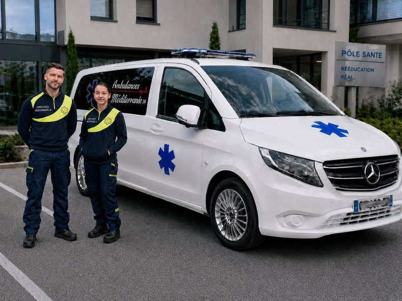 Deux ambulanciers se tiennent à côté d'une ambulance blanche devant un bâtiment