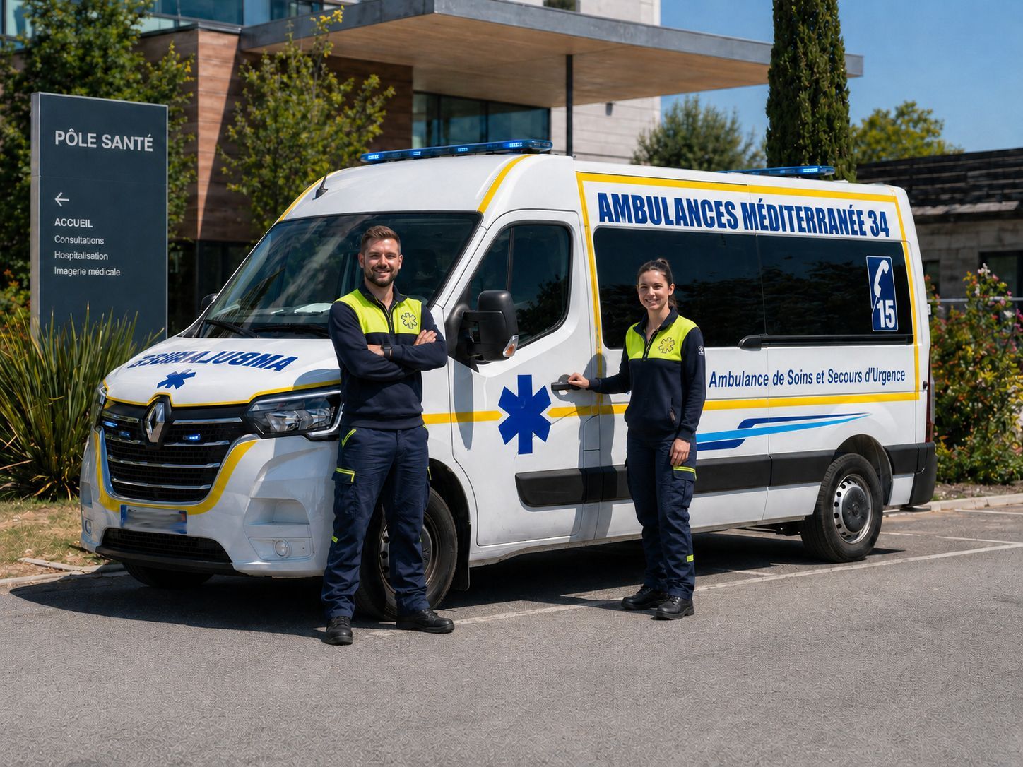 Une ambulance est stationnée devant un hôpital, deux infirmiers devant le véhicule.