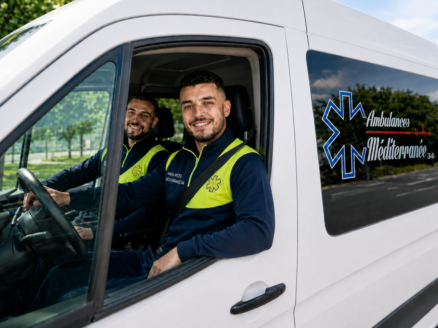 Deux infirmiers dans une camionnette blanche.