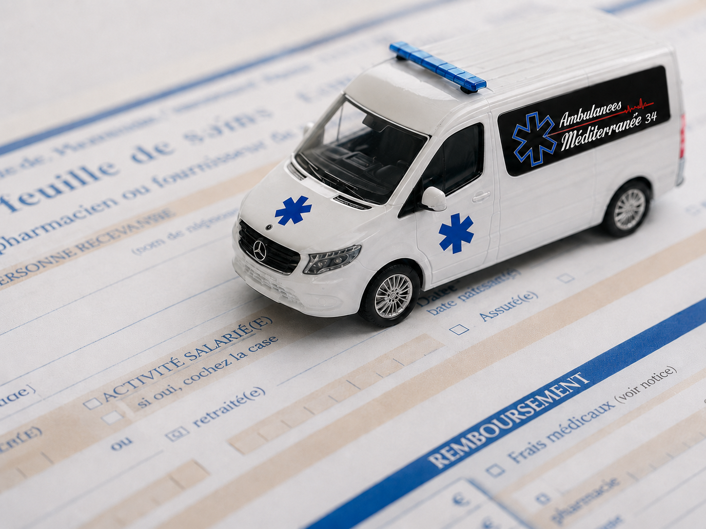 Ambulance jouet sur un formulaire de remboursement médical français