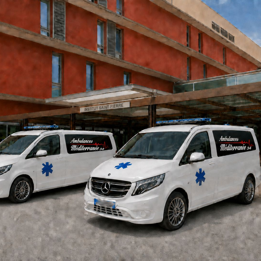 Deux ambulances blanches stationnées devant l'entrée d'un bâtiment rouge