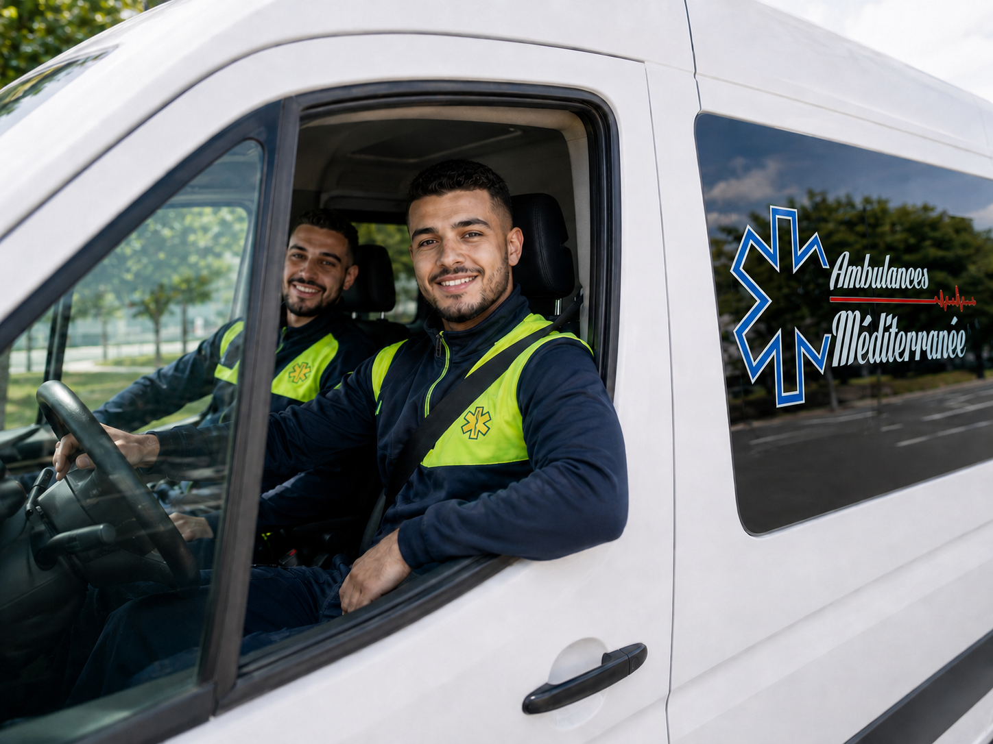 Deux infirmiers dans une camionnette blanche.