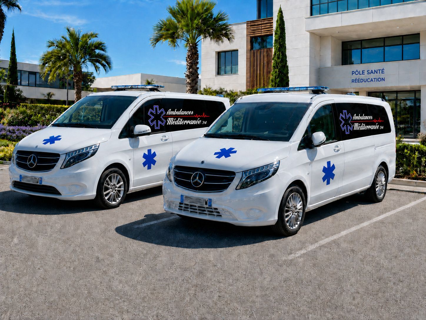 Deux fourgonnettes blanches avec des logos bleus garées devant un bâtiment par une journée ensoleillée.