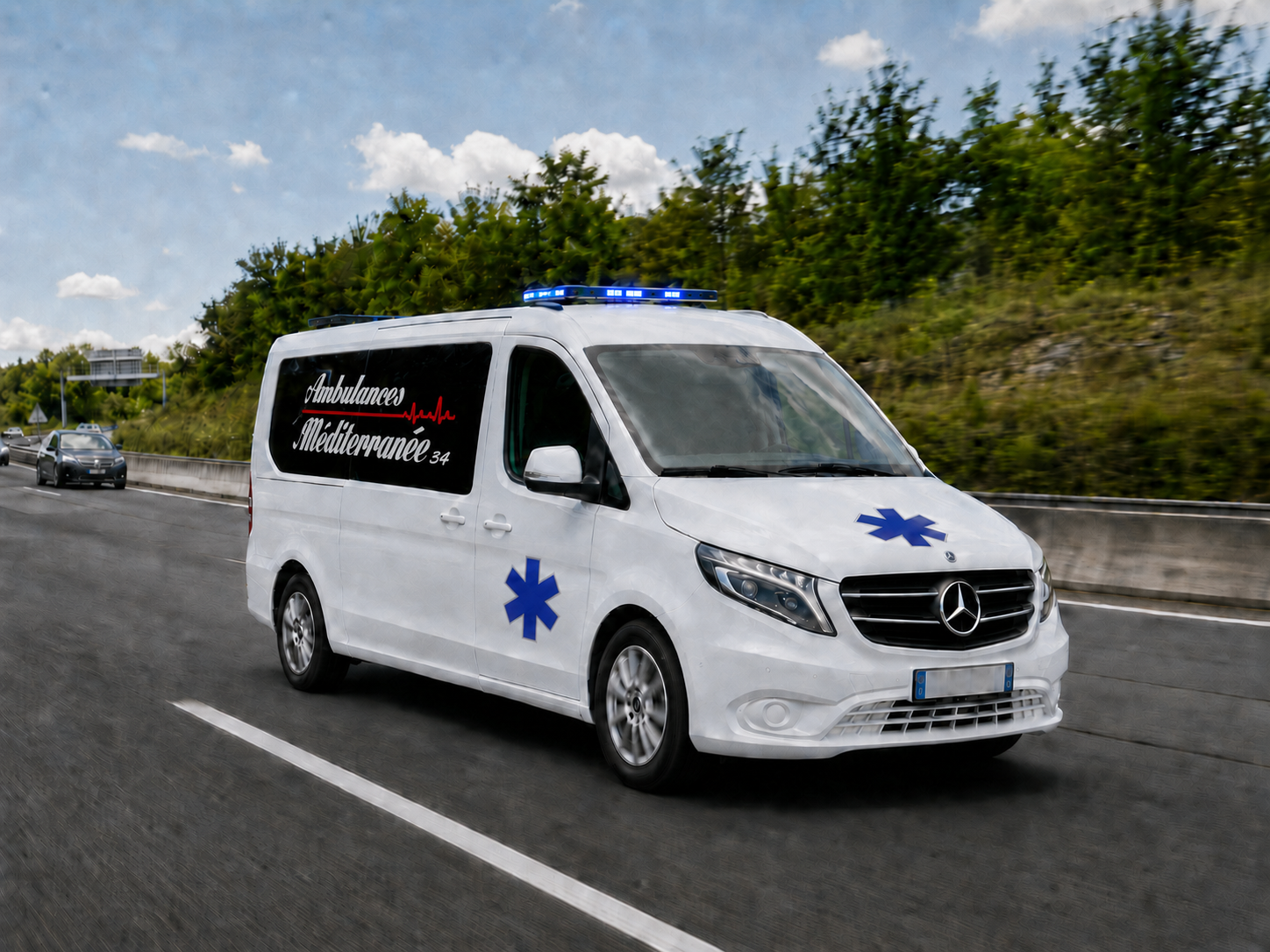 Une ambulance blanche circule sur l'autoroute, avec des symboles médicaux bleus et des gyrophares sur le toit.