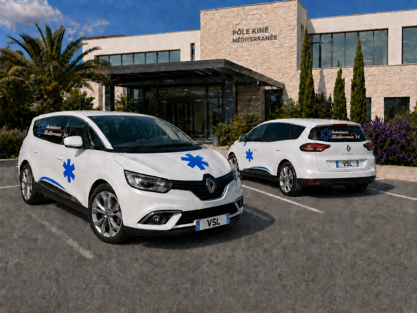 Deux ambulances blanches stationnées devant l'entrée d'un hôpital