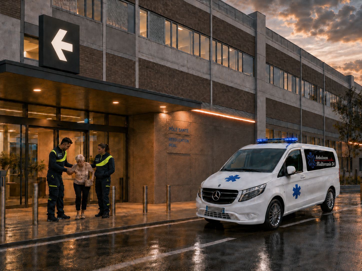 Une ambulance blanche est garée devant l'entrée d'un hôpital moderne, avec des marquages médicaux bleus et des gyrophares.