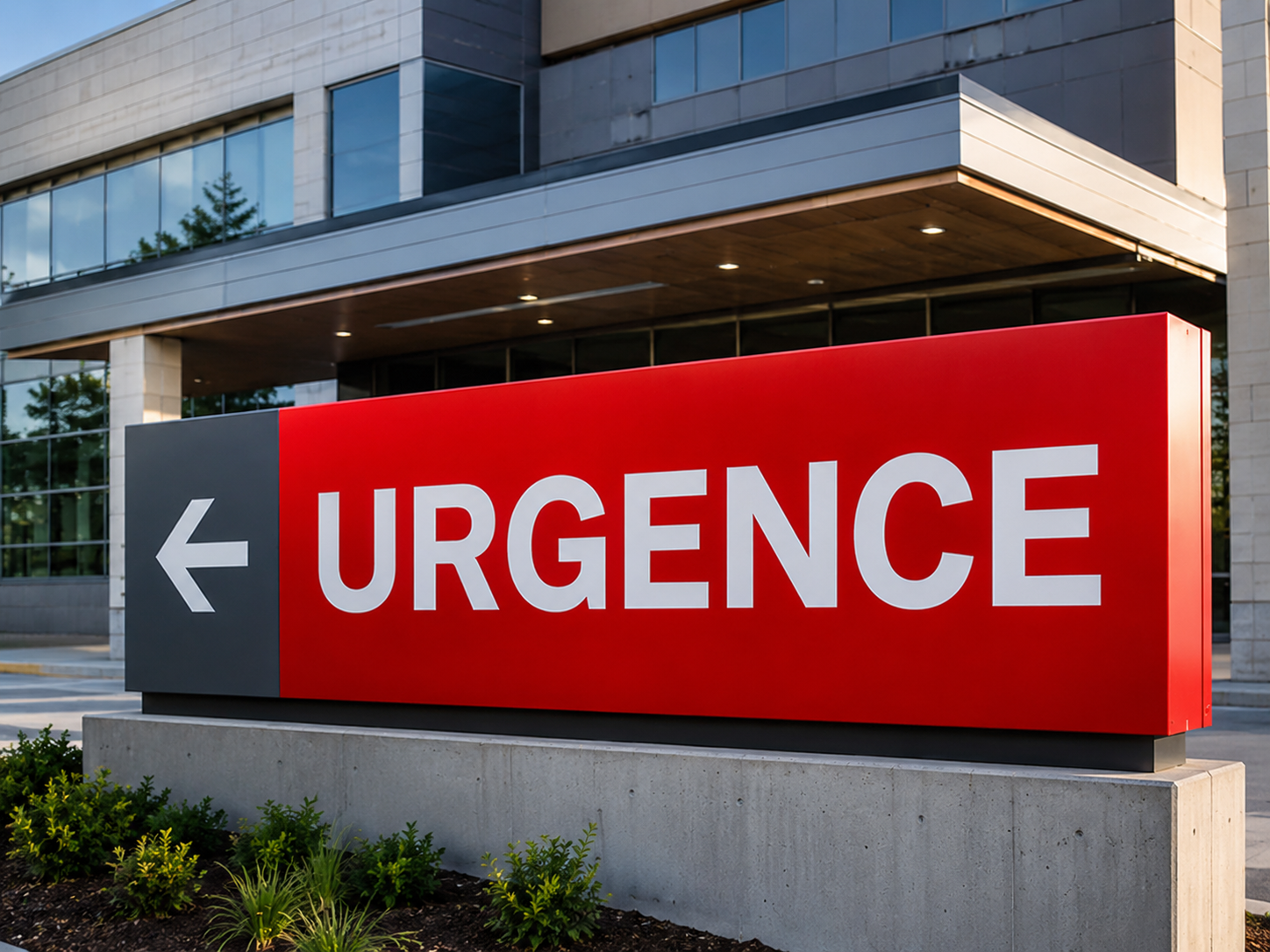 Panneau d'entrée des urgences de l'hôpital en rouge et gris à l'extérieur d'un bâtiment