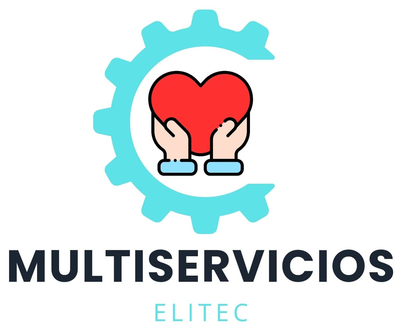 Logotipo de Multiservicios Elitec que muestra un par de manos sosteniendo un coraz&oacute;n rojo dentro de un engranaje azul claro.