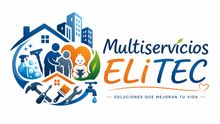 Logotipo de Multiservicios Elitec que muestra un par de manos sosteniendo un corazón rojo dentro de un engranaje azul claro.