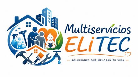 Logotipo de Multiservicios Elitec que muestra un par de manos sosteniendo un corazón rojo dentro de un engranaje azul claro.