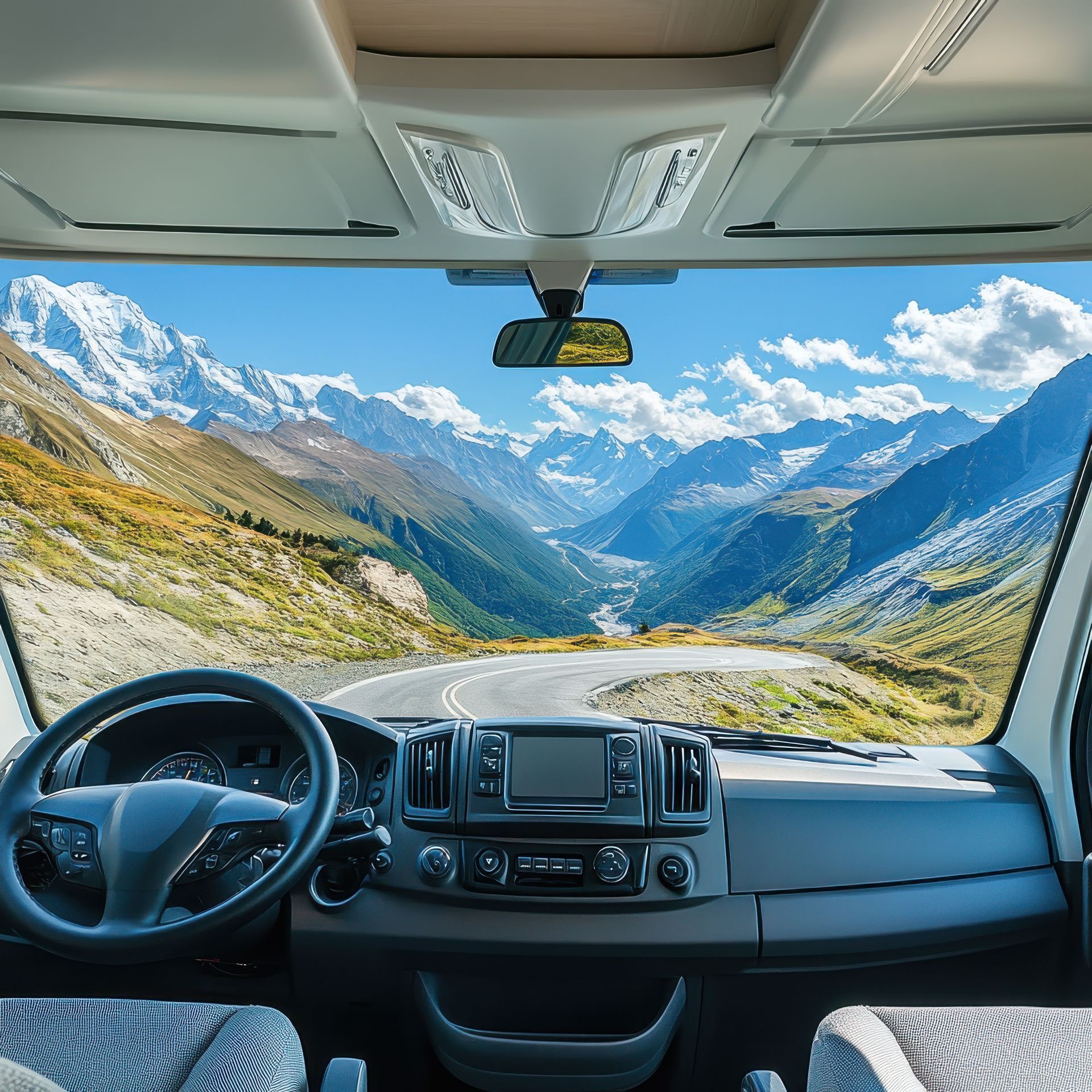 Tableau de bord d'un camping-car avec vue sur une route de montagne.
