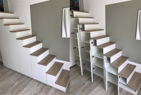 Un escalier avec des rangements