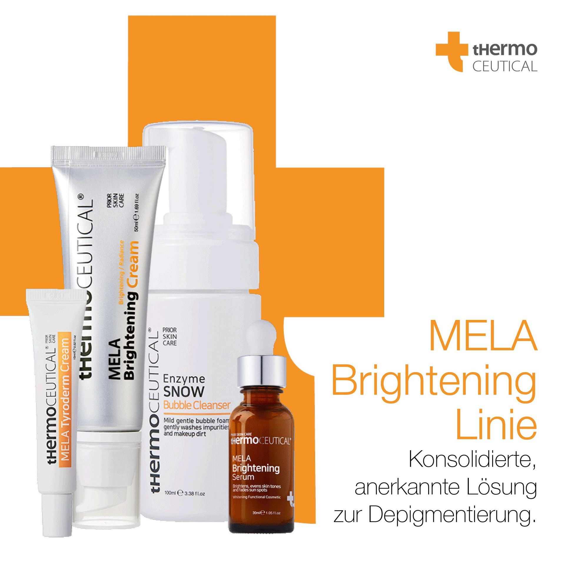 Eine Flasche Mela Brightening Cream ist von anderen Flaschen umgeben
