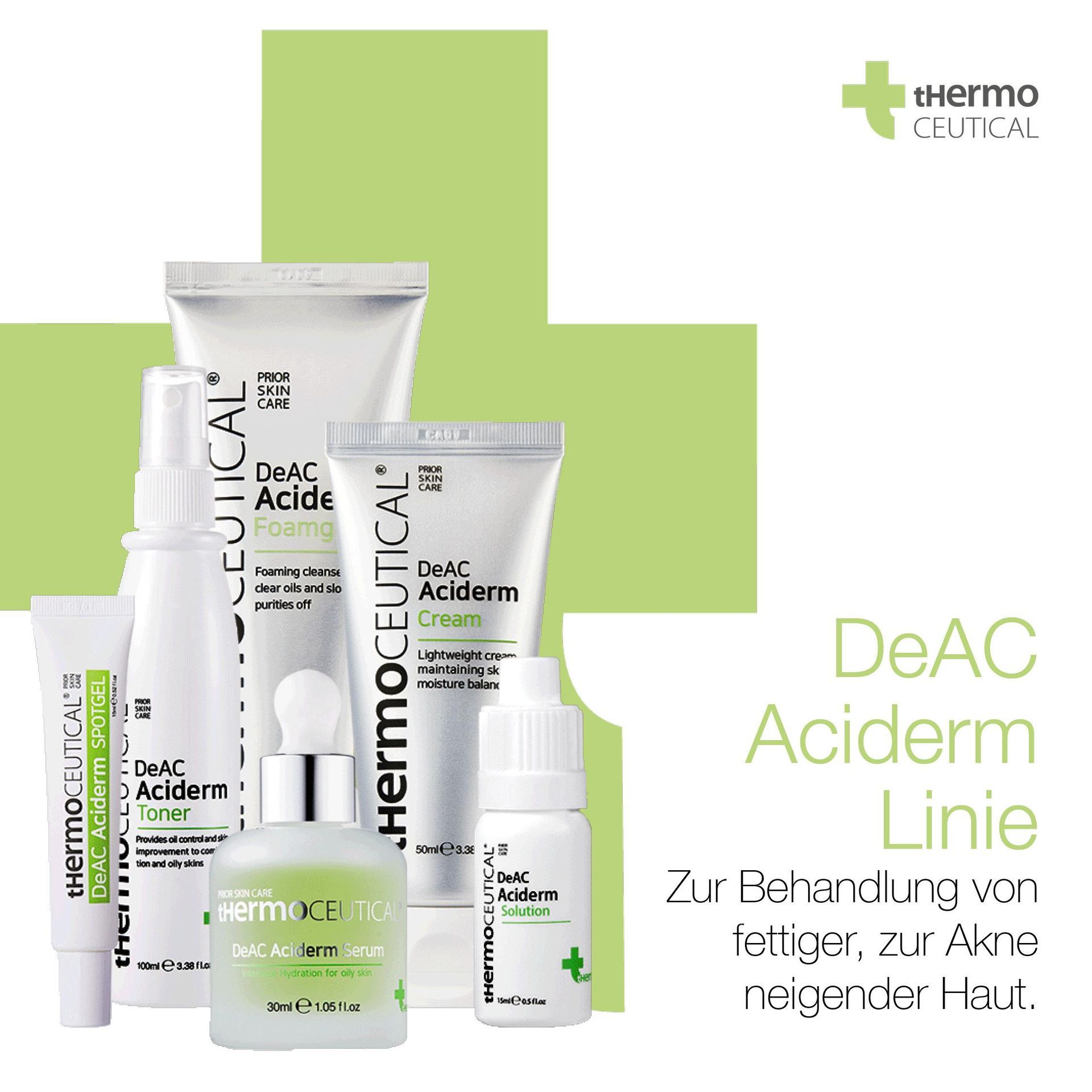 Eine Flasche Deac Aciderm Linie ist von anderen Flaschen umgeben