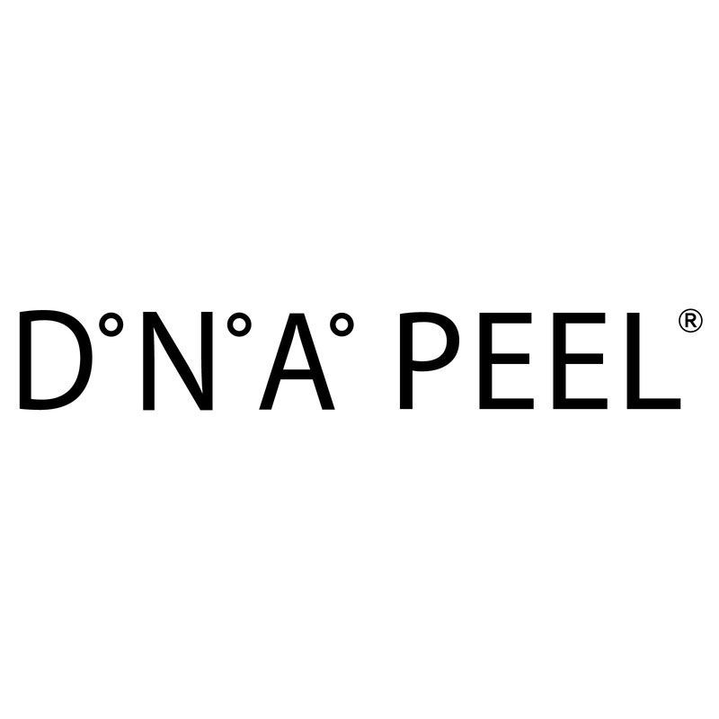 Ein schwarz-weißes Logo für DNA Peel auf weißem Hintergrund.