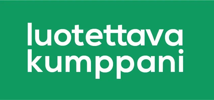 White text “luotettava kumppani” on a green background.