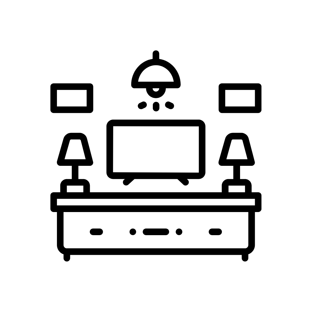 A black and white icon of a living room with a television , lamps , and a lamp.