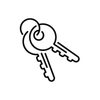 A line drawing of a pair of keys on a white background.